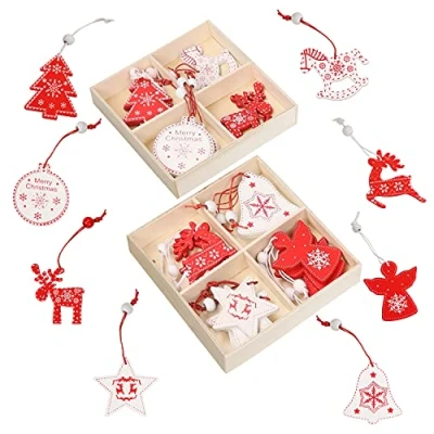 Afbeelding van Belle Vous kerstdecoratie Scandinavisch hout om op te hangen (32 stuks) met 8 rendiermotieven, bel, bal, engel, dennenboom en ster wit rood