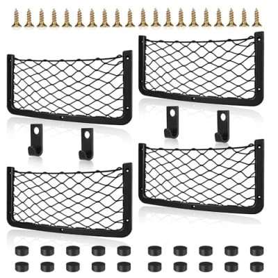 Afbeelding van 4 stuks 36 x 18 cm auto opbergnet, elastische bagagenettas met haken, bagagenet opbergnet voor camper, caravan, vrachtwagen, boot, bestelwagen