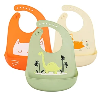 Image de YINGJEE Lot de 3 bavoirs en silicone Pour bébé Imperméables Avec bac récupération Sans BPA Nettoyage facile bébés, garçons et filles