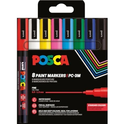 Afbeelding van Uni POSCA paintmarker PC 3M, 1,5 mm, etui van 8 stuks in geassorteerde basiskleuren
