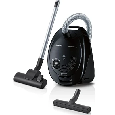 Afbeelding van Siemens Synchropower VS06B112A stofzuiger met zak, hygiënische filter, vloerzuigmond voor parket, tapijt, tegels, lange kabel, 700 W, zwart