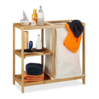 Afbeelding van Relaxdays badkamerrek met wasmand waszak rek voor badkamer bamboe natuur 50 l