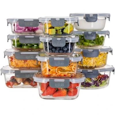 Afbeelding van Igluu Meal Prep Glazen containers met deksel (12 stuks) herbruikbare maaltijdbereidingscontainers, magnetron, oven, vriezer en vaatwasser compatibel (van 320 ml tot 1050 ml)