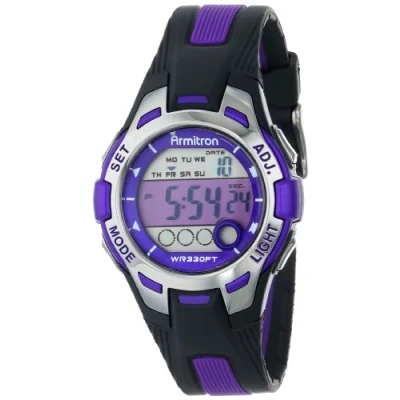 Afbeelding van Armitron 45/7030 Digitaal chronograaf sporthorloge met harsband voor dames, Zwart/Paars, armband