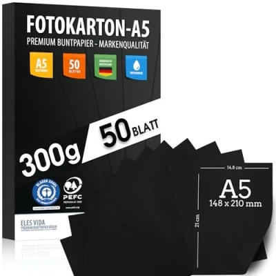 Afbeelding van 50 vellen zwart knutselkarton 300 g/m² hoogwaardig diepzwart papier DIN A5 onbedrukt printpapier voor fotografie, presentaties, doe het zelf
