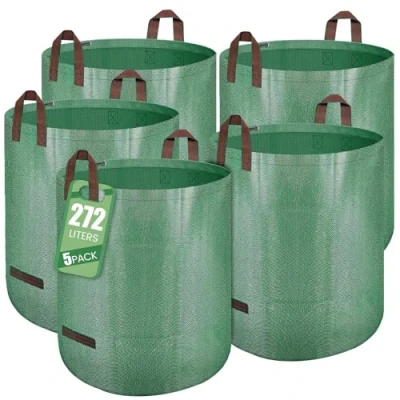 Afbeelding van 5 stuks tuinafvalzakken, vrijstaand, grote inhoud van 272 liter, met handgrepen voor eenvoudig verplaatsen en transporteren, ideaal tuinafval