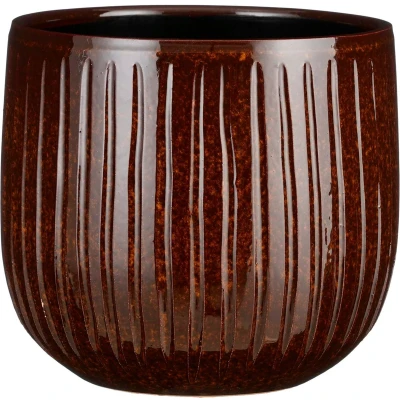 Afbeelding van Mica Decorations Plantenpot keramiek bruin glansribbels 21cm