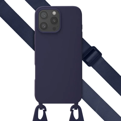 Afbeelding van Selencia hoesje Geschikt voor iPhone 16 Pro Max met koord Siliconen afneembaar Donkerblauw