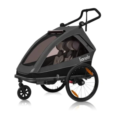 Afbeelding van Lionelo Cama 2in1 Fietsaanhanger en Wandelwagen Voor 2 persoons Zwart All Terrain fietskar Hardloopkinderwagen Verstelbare Vering Waterafstotend Inclusief Accessoires Opvouwbaar Tot 2x22kg of 6 jaar E Bikes Normale Fietsen