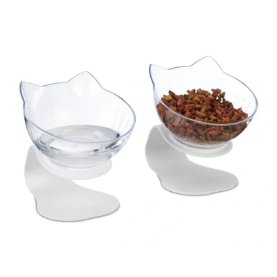 Afbeelding van Relaxdays Set van 2 verhoogde voerbakken voor katten, 500 ml, 15 x 13 cm (h b d), wit/transparant