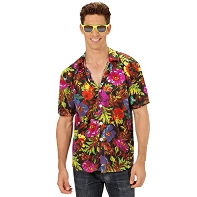 Afbeelding van Widmann Hawaii &amp; Carribean Tropisch Kostuum Shirt Tropische Floral Island Man Zwart, Multicolor Medium / Large Carnavalskleding Verkleedkleding