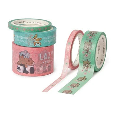 Afbeelding van Legami 5 stuks papieren plakband, band per strook, Ø 4,5 cm, H max 3 cm L m, schattige dieren, kleurrijk, om op te plakken, versieren en personaliseren