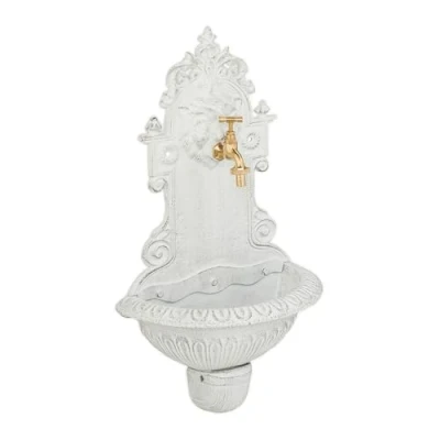 Afbeelding van muurfontein buiten 61 cm met wasbak en kraantje gietijzer wit