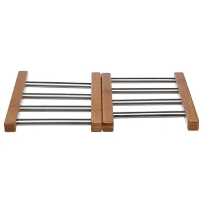 Afbeelding van Uitschuifbare/verstelbare pannen onderzetter bamboe/RVS 21 x 22 cm Pannenonderzetter