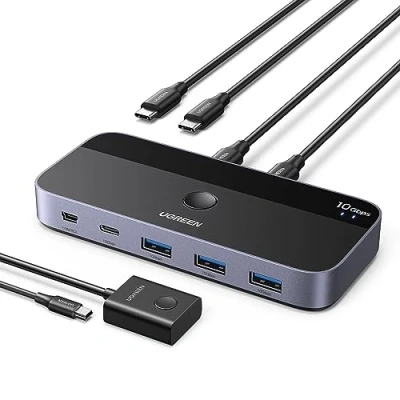 Afbeelding van UGREEN switch USB C 3.2 10Gbps 4 poorten 2 ingangen uitgangen KVM schakelaar PC met desktop controller en kabels inbegrepen voor toetsenbord, muis, printer, harde schijf, scanner
