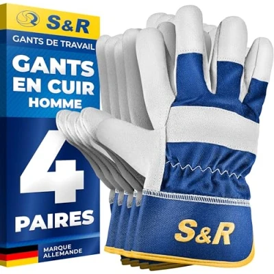 Afbeelding van S&amp;R Werkhandschoenen van leer voor heren, 4 paar, maat 11, robuuste handschoenen alle werkzaamheden, handwerk, knutselen, tuinieren