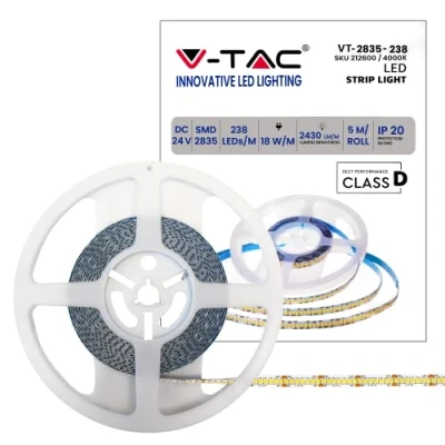 Afbeelding van Ledstrip 5 meter spoel 18 W per SMD 2835 lichtkleur natuurlijk wit 4000K van binnenuit met plakstrip, stroomvoorziening op 24 volt.