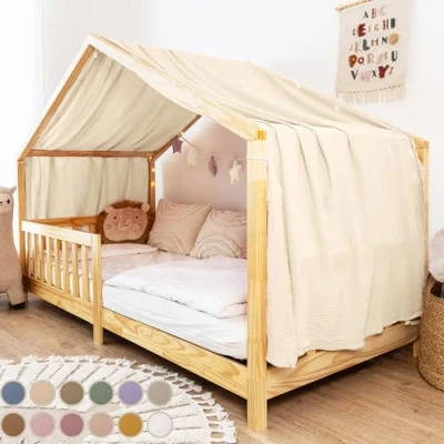 Afbeelding van lilimaus bedhemel [crème] 100% katoenen chiffon handgemaakte hemel decoratieve voor meisjes en jongensbed kinderbedhemel kinderbedgordijn