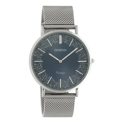 Afbeelding van Oozoo Vintage plat dameshorloge met Milanese metalen armband van roestvrij staal Glitter Line glinsterende elementen in de wijzerplaat 40 mm, C20134 blauw/zilverkleuren,