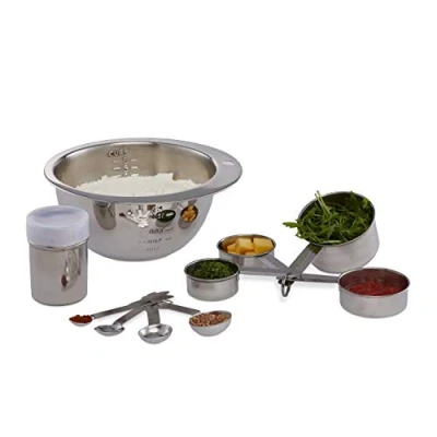 Afbeelding van relaxdays Keuken accessoires set 10 delig maatlepels mengkom cacaostrooier metaal