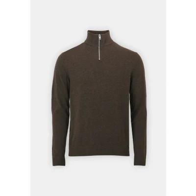 Afbeelding van JACK &amp; JONES Emil knit half zip slim fit heren schipperstrui viscosemengsel met opstaande boord donkerbruin melange