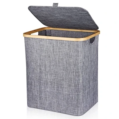 Afbeelding van Aokyom Wasmand, 60 l, opvouwbare wasmand van bamboe, met deksel en handvat, rechthoekige vuile voor kleding, 40 x 33 45 cm, donkergrijs