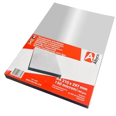 Afbeelding van Albyco Glanzende transparante omslag, dikte 0,15 mm/150 micron, A4 formaat, 210 x 297 mm, PVC platen, afdekplaten