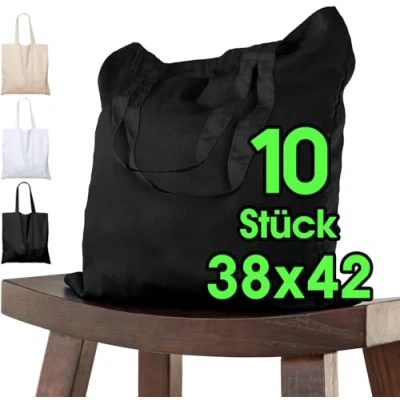 Afbeelding van katoenen opvangzak 38x42 10 stuks zwart voor kinderen met KORT handvat Unbedded OEKO TEX® gecertificeerd stoffen tas, draagtas, 140 g / m dikke boodschappentas
