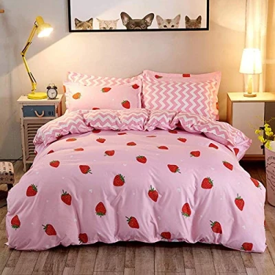 Afbeelding van Kawaii 3 delige beddengoedset met dekbedovertrek en 2 kussenslopen van microvezel, ritssluiting voor kinderen, schattig aardbeien/tropisch fruit, tweepersoonsbed, roze rood