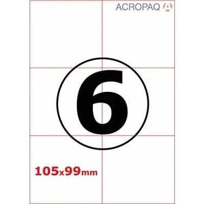 Afbeelding van Stickervellen A4 Etiketten, 100 vellen, 6 per vel, 105 x 99 mm Adresetiketten, Etiketten stickers ACROPAQ