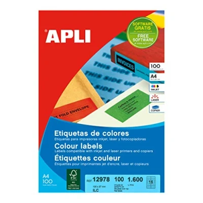 Afbeelding van Apli Gekleurde etiketten ft 105 x 37 mm (b h), rood, 1.600 stuks, 16 per blad, doos van 100 blad etiket