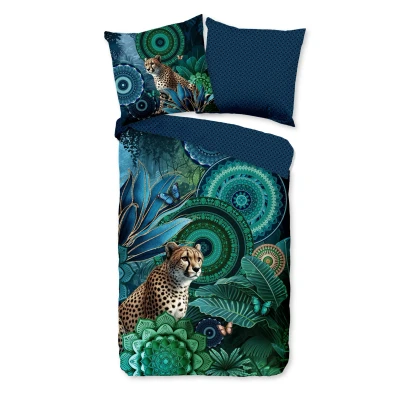 Afbeelding van Luxe Satijnen Dekbedovertrek 155x220 cm Mandala en Luipaard Print Groen/Blauw 1 Persoons 100% Katoen Satijn
