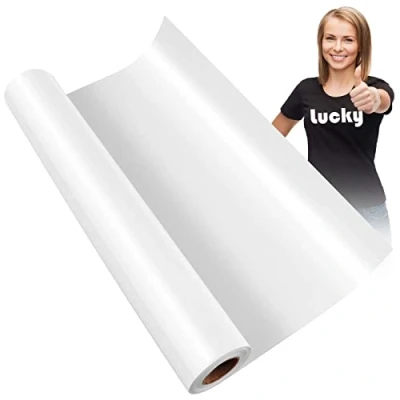 Afbeelding van KEWUZY Plotterfolie voor textiel, wit, 30,5 cm x 5 m, flexibele vinyltransferfolie strijkijzer, hittepers, T shirts en meer stoffen, doe het zelf motief