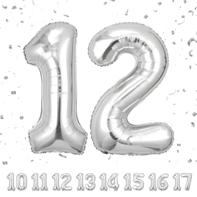Afbeelding van Ballonnen verjaardag 12 jaar zilver 101 cm ballon nummer opblaasbare folie decoratie van man vrouw vliegen met helium