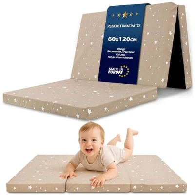 Afbeelding van Matras voor reisbed, 60 x 120 cm, opvouwbaar, dik reismatras baby&#039;s en kinderen, overtrek van katoen, afneembare overtrek, beige met witte sterren