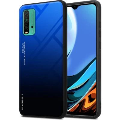 Afbeelding van Cadorabo Hoesje geschikt voor Xiaomi RedMi 9T / POCO M3 in BLAUW ZWART Tweekleurige beschermhoes van TPU silicone Case Cover en achterzijde gehard glas