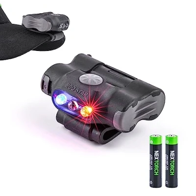 Afbeelding van Nextorch Clip on led hoofdlamp met rood blauw knipperend AAA licht voor hardlopen, kamperen, vissen, fietsen, redding in de open lucht