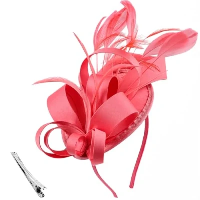 Afbeelding van DRESHOW Fascinators Hoed linten veren op een hoofdband clip cocktail thee party hoeden voor meisjes en vrouwen, 1 x fascinator hoed: koraal