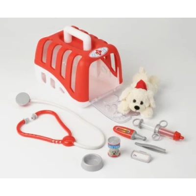 Afbeelding van Klein Toys dierenartskoffer met knuffelhond 24x18.5x16.5 cm voerbak, stethoscoop, injectiespuit, thermometer, pincet, naamplaatje, blikje rood wit