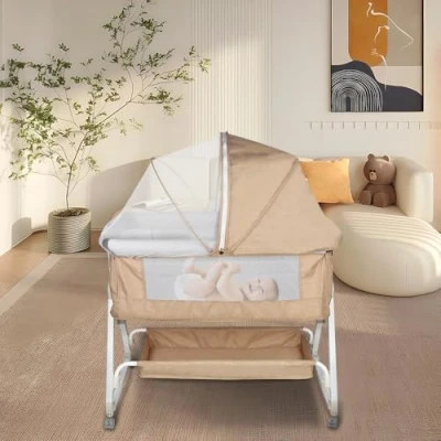 Afbeelding van Berceau Cododo avec Matelas et Moustiquaire, Hauteur Réglable à 6 Niveaux,Facile Assembler, Lit Bébé pour Les Bébés de 0 2 ans, Mobile Chambre 92 * 52 106 118 cm blanc cassé