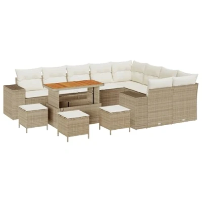 Afbeelding van vidaXL 13 delige tuinbankset met kussens Beige Poly Riet Acacia