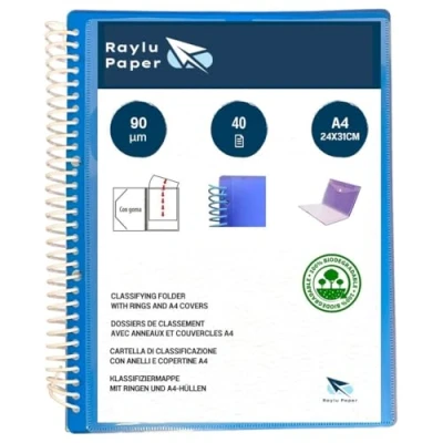 Afbeelding van Raylu Paper® Ringmap met transparante A4 hoezen van 90 micron en envelop klittenbandsluiting, individueel aanpasbaar deksel. 100% biologisch afbreekbare map (40 hoezen, blauw)