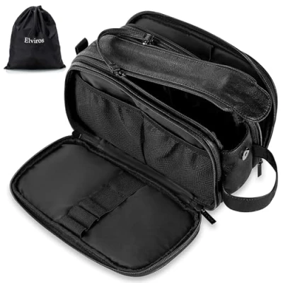 Afbeelding van Elviros Waterbestendige lederen toilettas voor mannen grote reistas scheren Dopp Kit Badkamer Gym Toiletten Make up Organizer met gratis natte droge tas (Zwart, 28 x 15 16 cm)