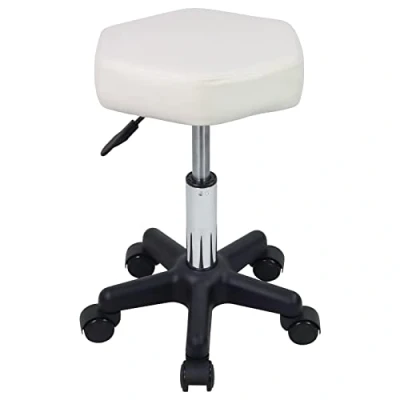 Afbeelding van Ronde draaikruk met wielen PU Leahter rolkruk in hoogte verstelbare kruk voor spa salon massage wit