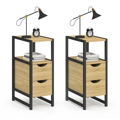 Image de Lot de 2 tables chevet DETROIT tiroirs et 1 niche bois métal noir design industriel