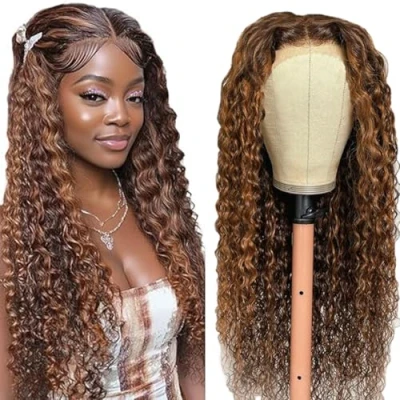 Afbeelding van Tuheerst Brown Human Hair Pruik Krullend Wave Vrouwen Echt Haar 4X4 P430 Highlight Zwitserse Kant 100% Onbewerkt Braziliaans Remy Geen Smell voor 50 cm