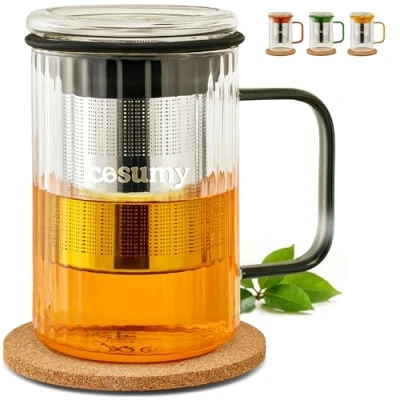 Afbeelding van Cosumy theemok met theezeef en deksel, 450 ml, van borosilicaatglas onderzetter kurk gekleurde handgrepen
