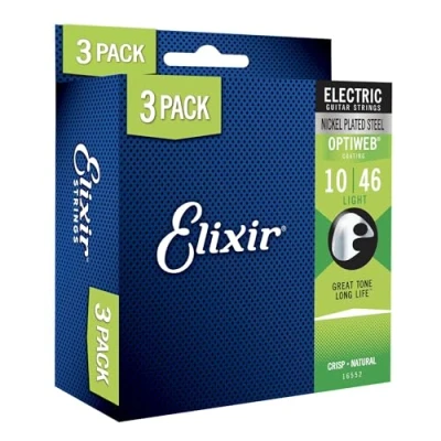 Image de Elixir 16552 Jeu de Cordes en acier plaqué nickel pour guitare électrique avec revêtement Optiweb, Lot 3 Pièces