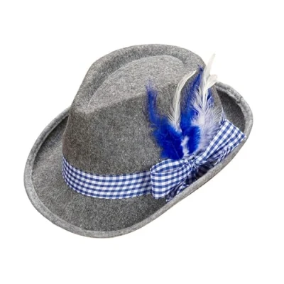 Afbeelding van Widmann 95711 Beierse Fedora, met lint en veren, vilt, blauw/wit, hoed, klederdrachtkostuum, hoofdtooi, accessoire, carnaval, themafeest