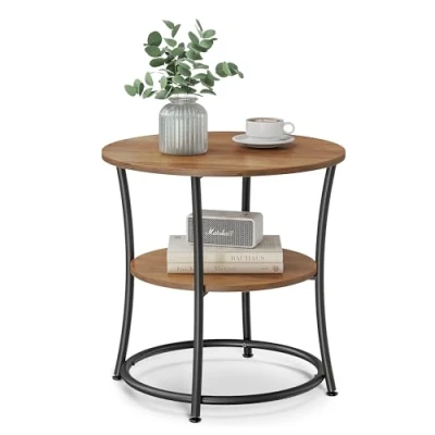 Afbeelding van VASAGLE Bijzettafel, salontafel, rond, 2 planken, woonkamer, slaapkamer, eenvoudige montage, stalen frame, industrieel design, walnootbruin/zwart LET056B41